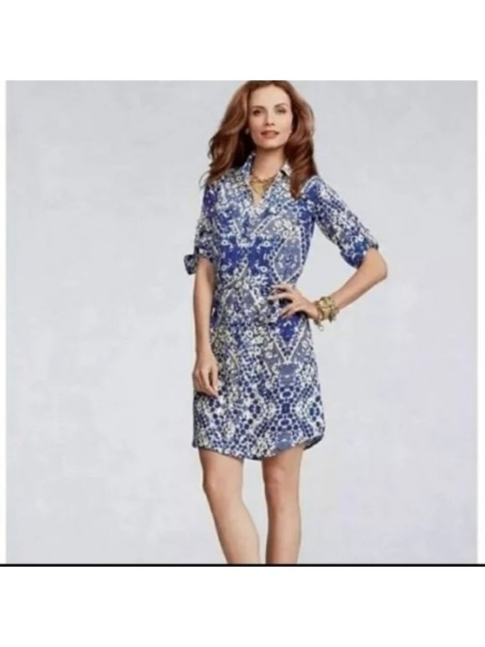 CABI Jewel Button Up Shirt Dress 3/4 Sleeve Blue & Taupe  Sz XS #422 NWOT